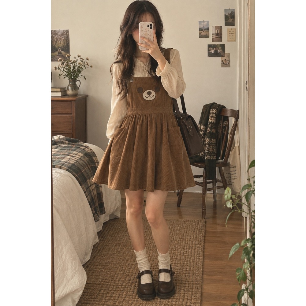 Hot Topic Brown Corduroy Bear Pinafore Skater Dress XL Overall Dress